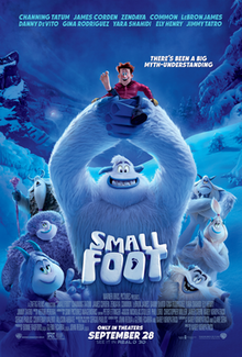 Matthew recommends the film Small Foot. The image is predominantly blue and shows a small boy in a red shirt being held aloft by a white Yeti-like creature.
