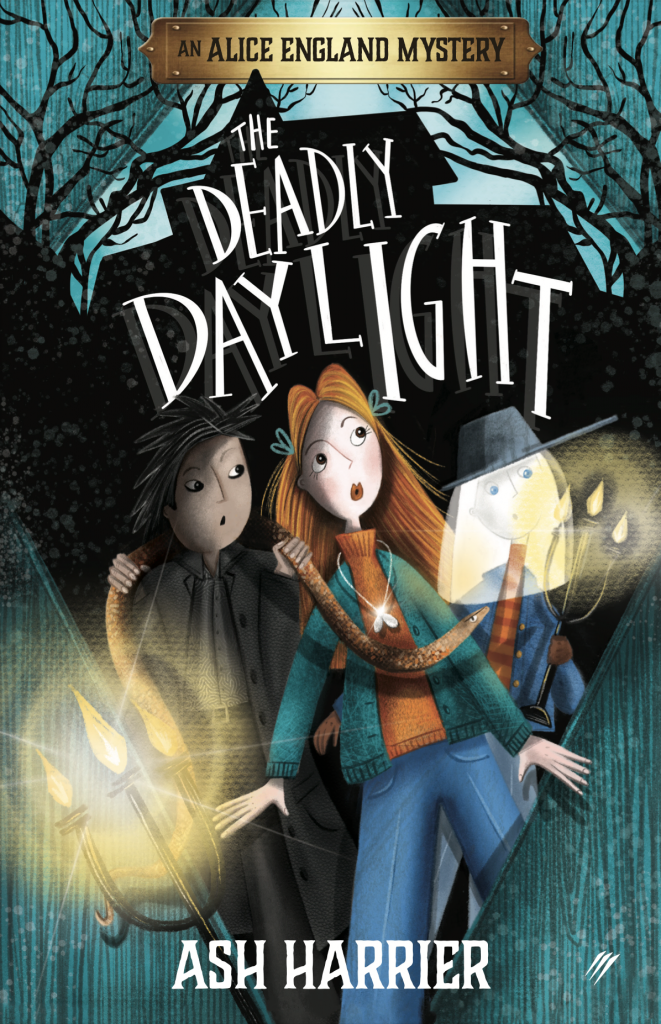Image shows the cover of a children's novel, The Deadly Daylight by Ash Harrier. The image shows three children carrying candlesticks for light and behind them is the silhouette of a house and leafless trees. Across the top of the book's cover is a drawing of a plaque with the words 'An Alice England Mystery'.