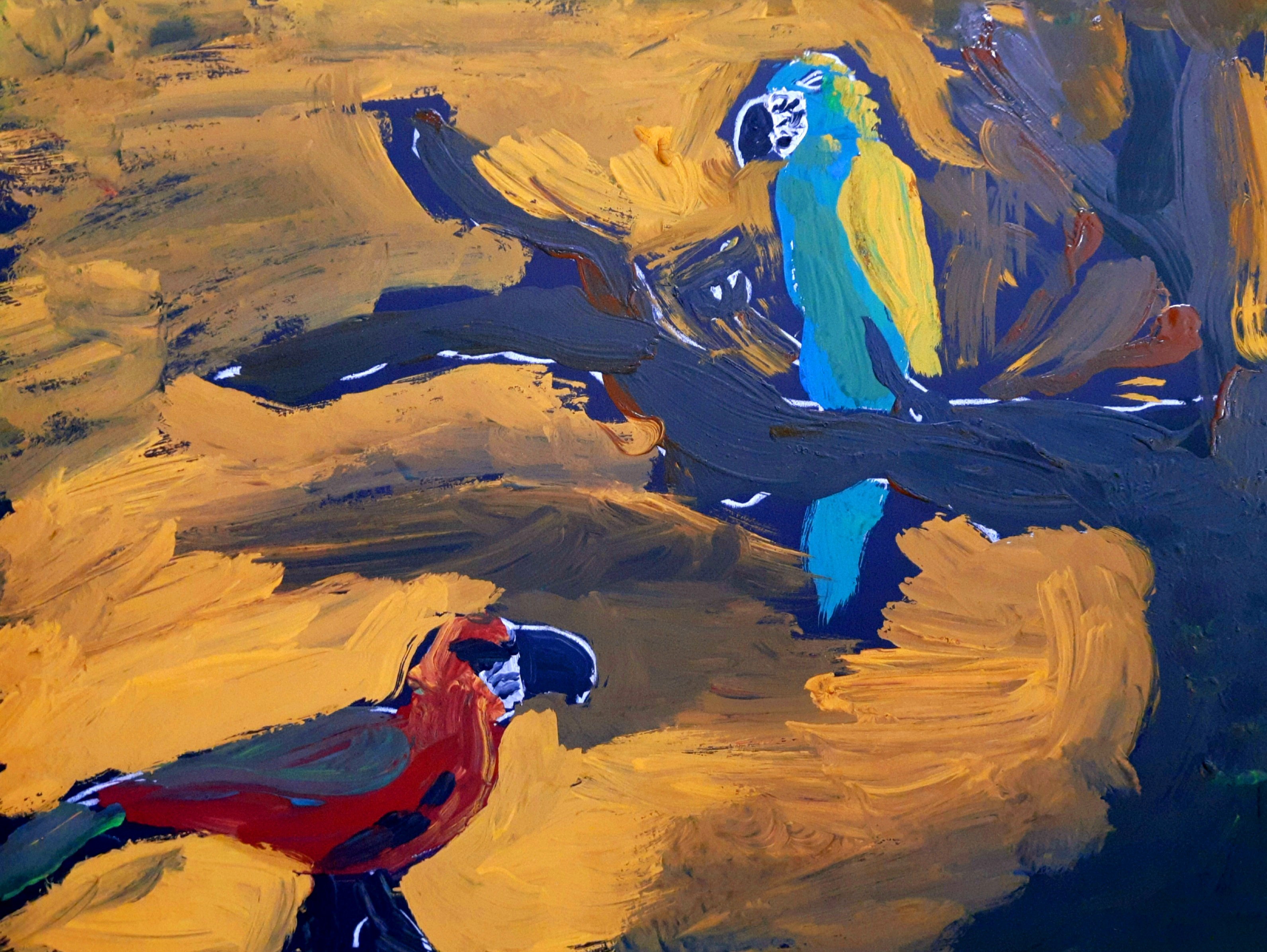 Image shows a child's painting of two macaws - one blue and one red - and a tree branch against a yellow sky.