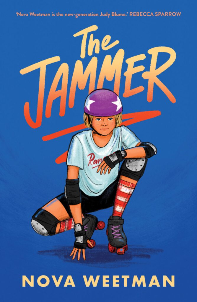 Image shows the cover of a children's book with a girl wearing shirt and shorts, helmet, long socks, knee pads and roller skates. She's crouching and looks serious.