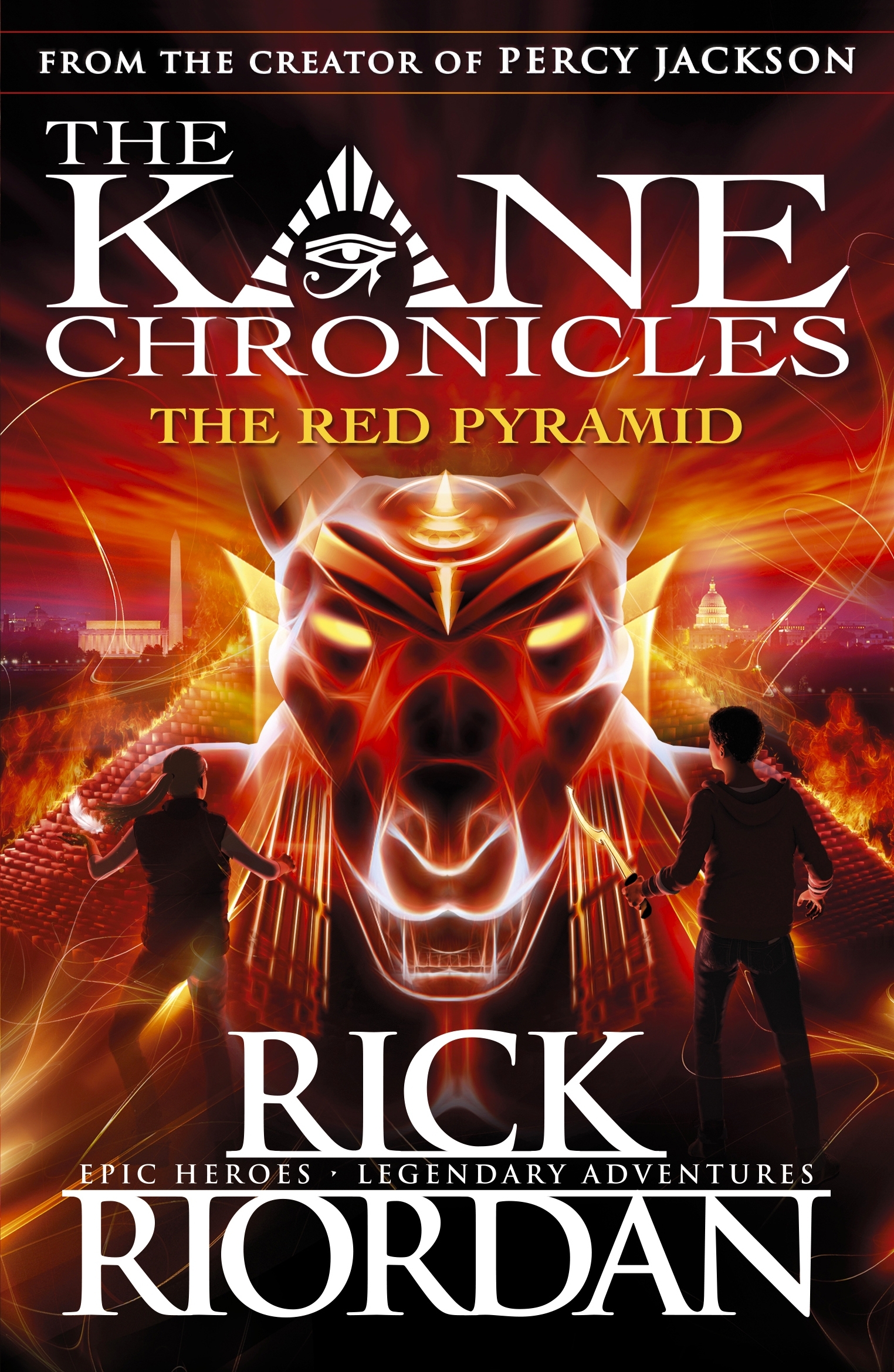 The image shows the cover of a children's novel: The Red Pyramid, book 1 in The Kane Chronicles series by Rick Riordan.