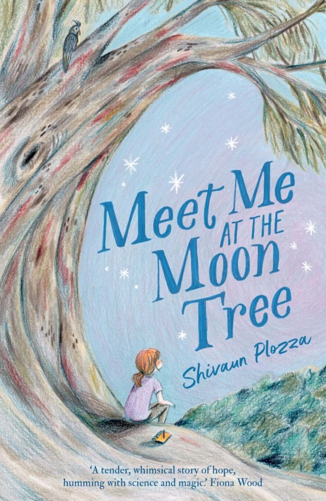 The cover of a children's novel: Meet me at the moon tree by Shivaun Plozza. The cover illustration shows a child in tshirt and long pants sitting under a large tree and gazing out at the evening sky