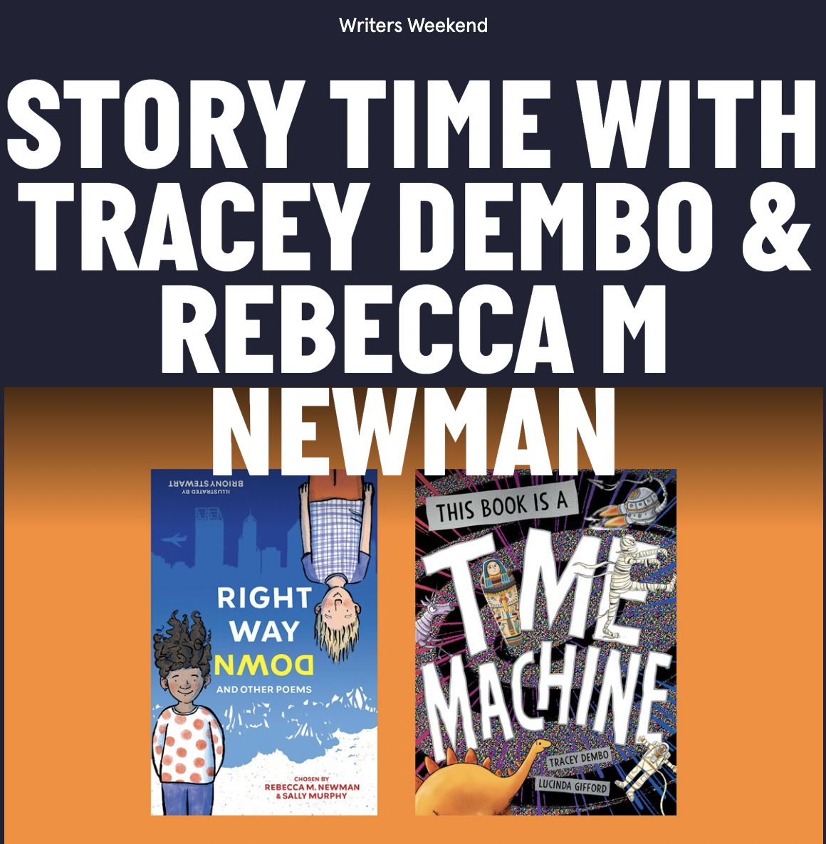 A flyer with two book covers and the text: Story Time with Tracey Dembo and Rebecca M Newman