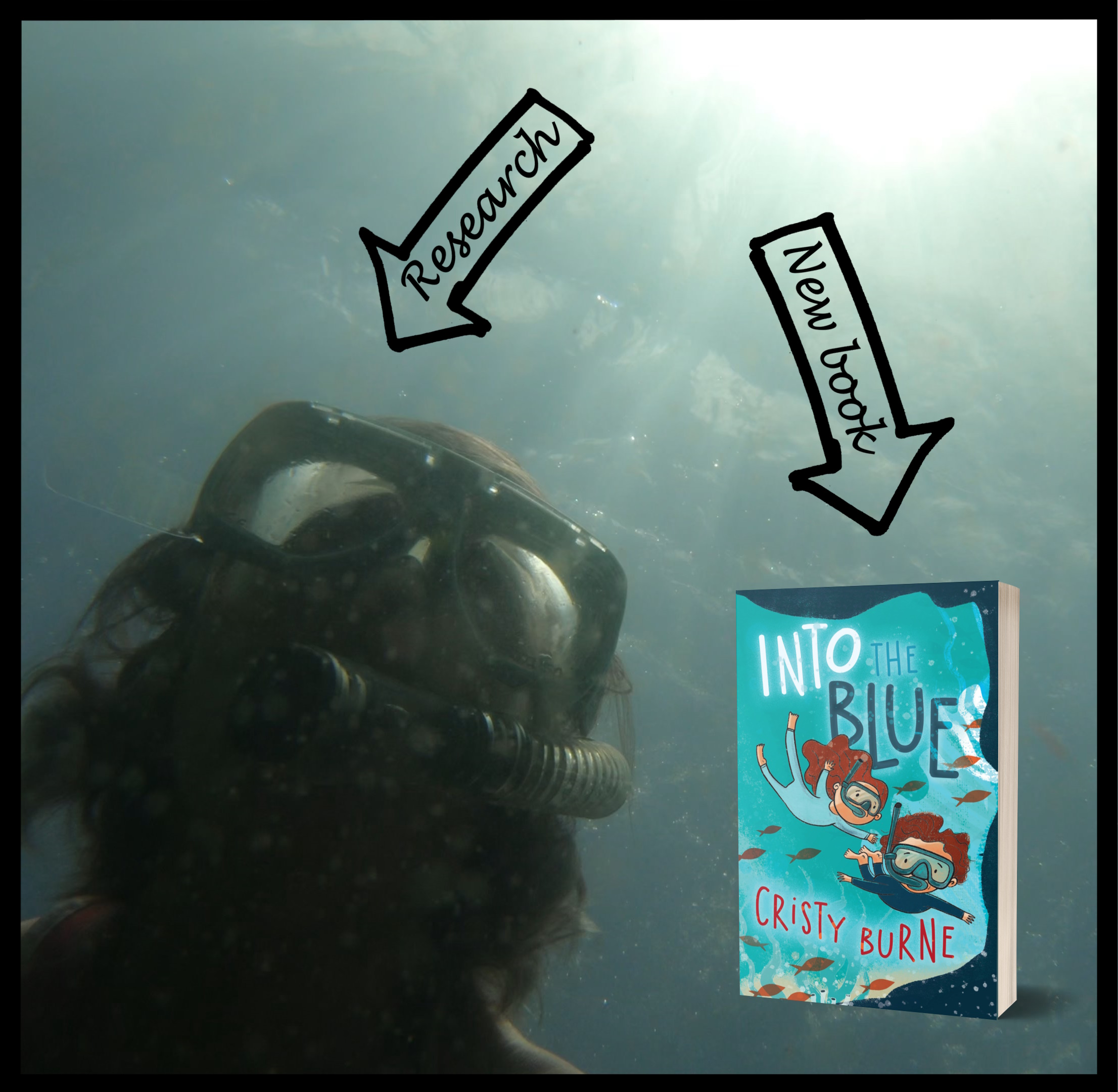 A photo of someone wearing a snorkel and goggles in murky water plus a book pasted on top.